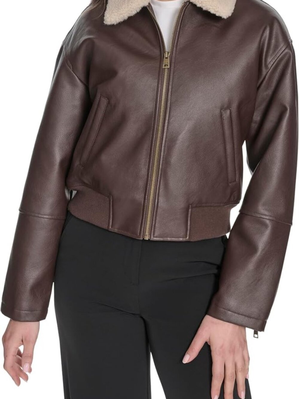 Women's Brown Faux Leather Laydown Collar Two Hidden-Zipper Bomber Jackets